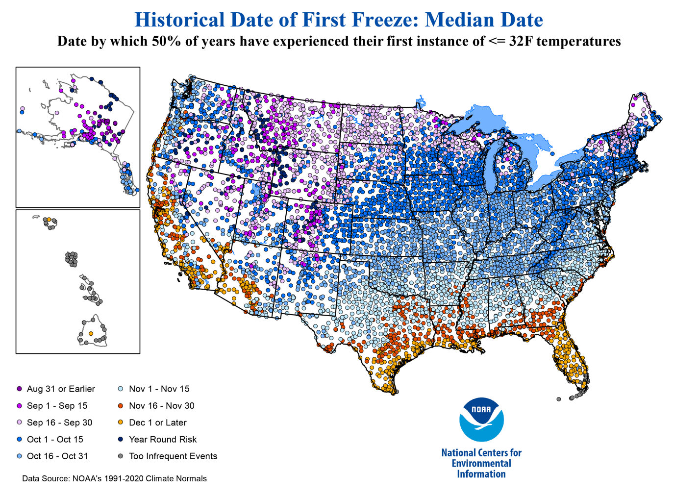 NOAA NCEI map of median first-fall freeze dates based on 1991-2020 Climate Normals.