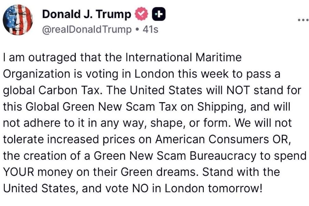 Trump Rejects Global Carbon Tax on Shipping at IMO Vote