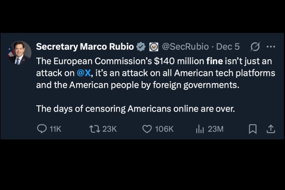 Marco Rubio Slams EU Over $140 Million Fine on Elon Musk's X Platform