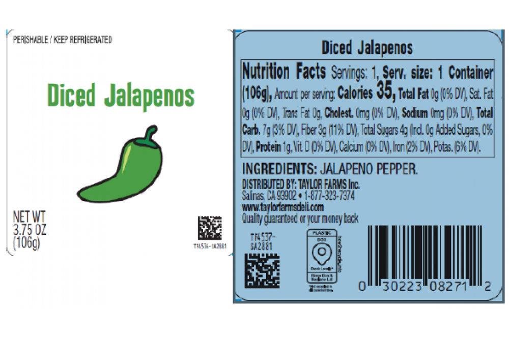Recalled Hannaford Diced Jalapenos 3.75 oz package label with UPC 030223082712 from the FDA Salmonella recall
