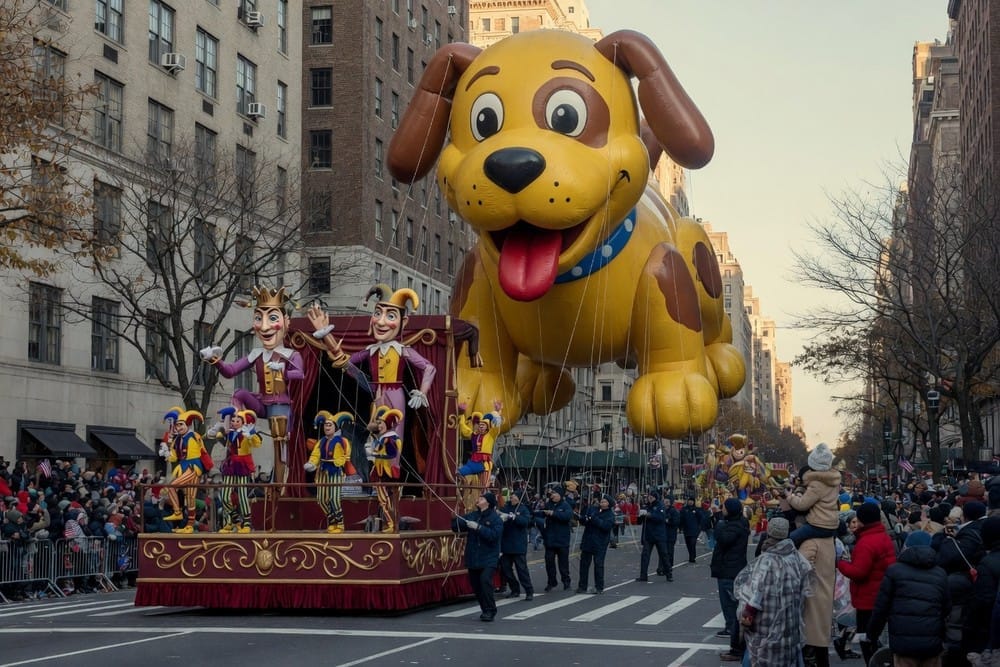 Handlers walk a giant parade balloon down Central Park West past barricades crowded with bundled-up spectators.