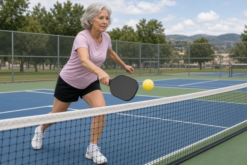 A woman in her 60s hits a pickleball on an outdoor court in bright daylight.