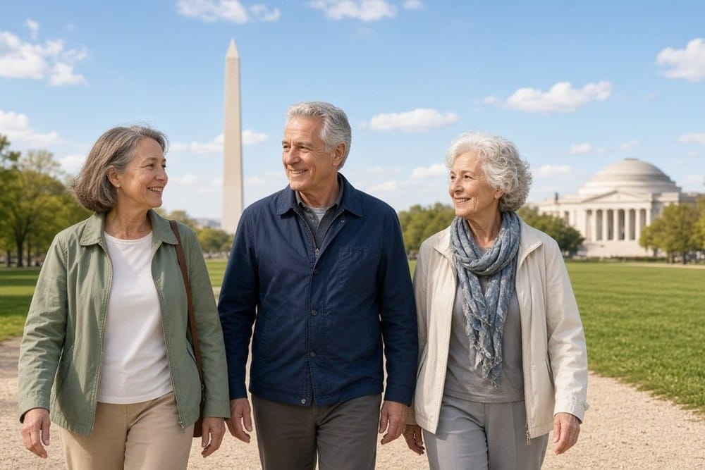 A small group of adults enjoys a sunny walk on the National Mall in Washington, D.C.
