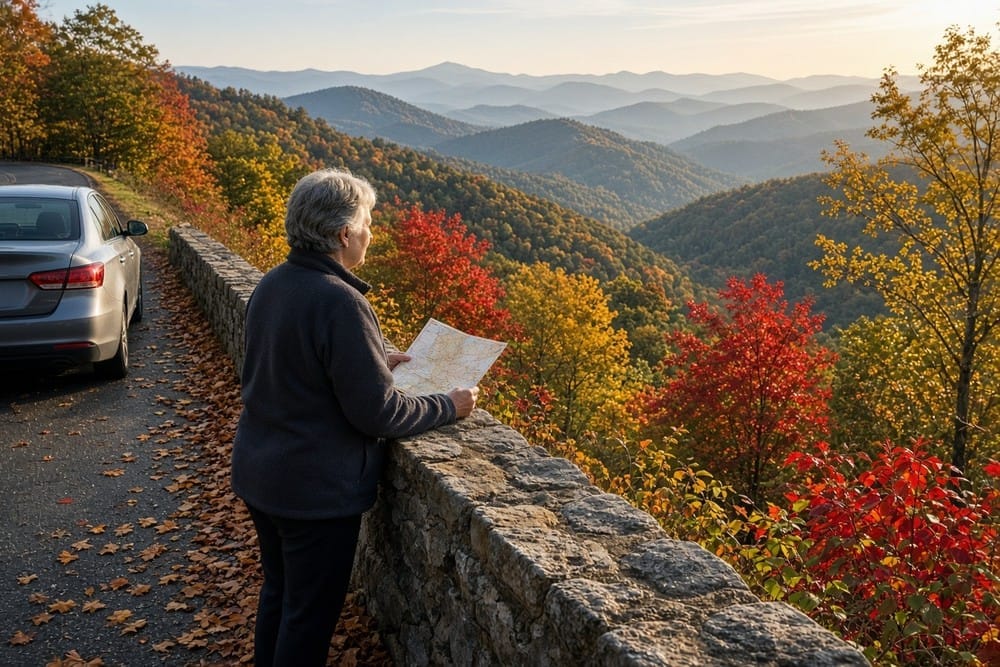 A woman in her sixties holds a paper map at a stone overlook above red and gold Appalachian ridges.