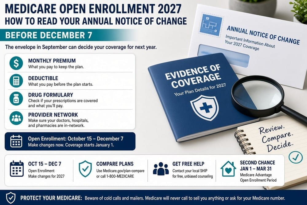 Explainer graphic on Medicare Open Enrollment 2027: what to check in the Annual Notice of Change before December 7.