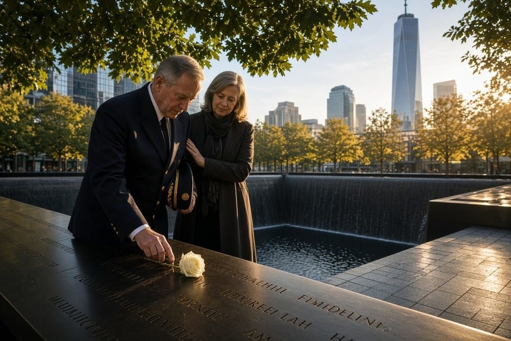 An older firefighter in dress uniform traces a name on the memorial parapet as a woman stands beside him.