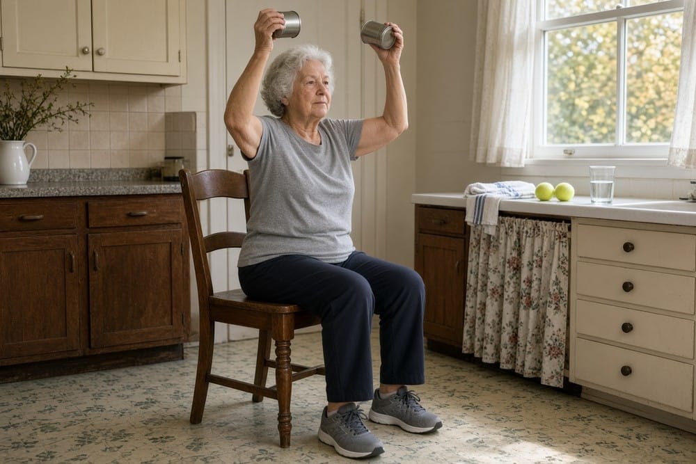 A woman in her seventies lifts two small cans overhead while seated on a kitchen chair in morning light.