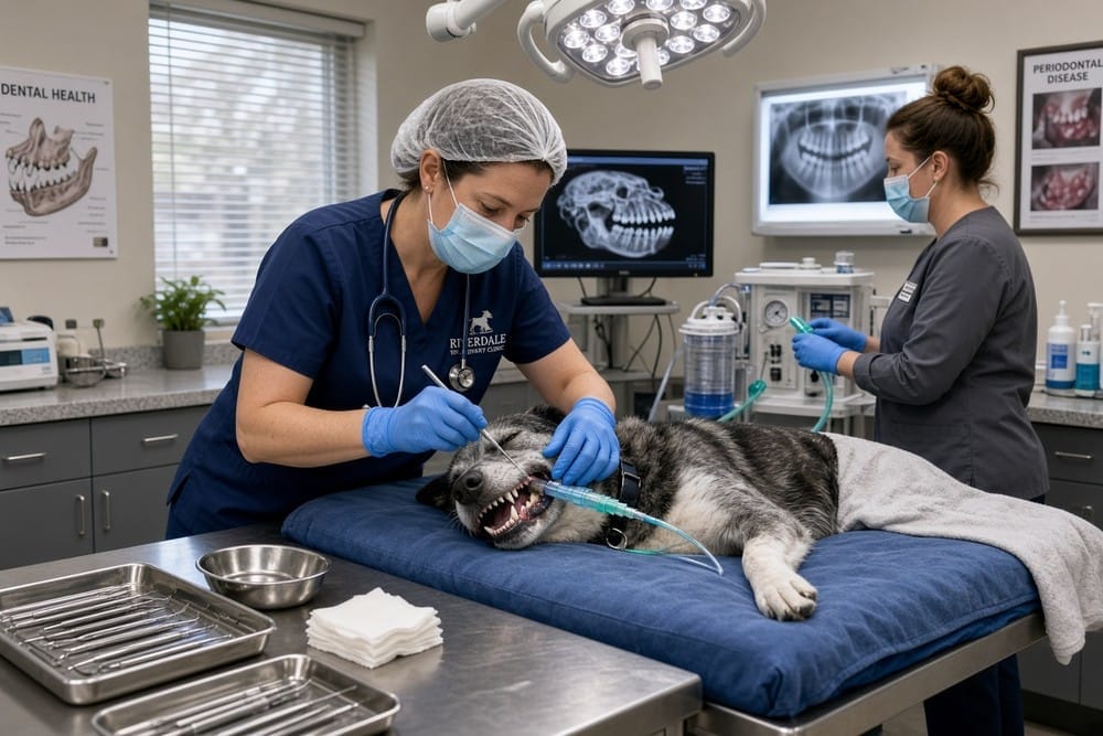A veterinarian performs an anesthetized dental cleaning on a dog beside a dental X-ray display.