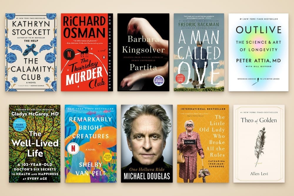 Covers of the 10 books on this reading list, from The Calamity Club, The Thursday Murder Club, and Partita at top left to One Helluva Ride and Theo of Golden at bottom right.