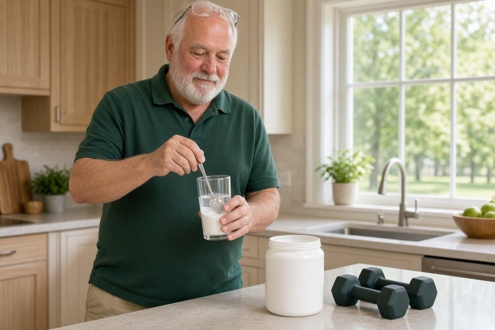 Older man with a white beard stirring supplement powder into a glass at his kitchen counter, beside a white tub and a pair of dumbbells