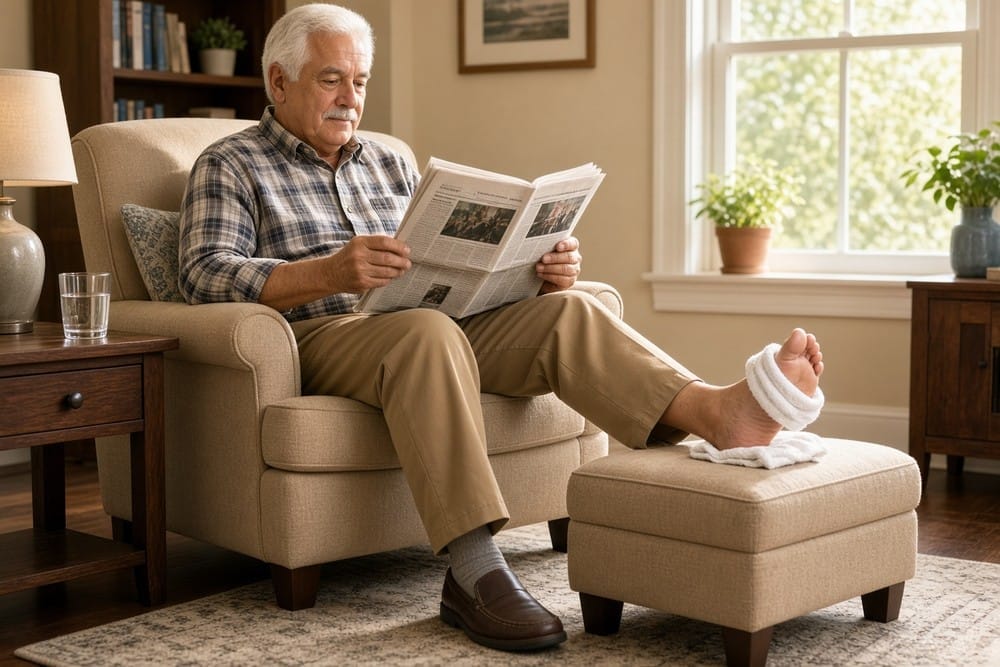 Older man with a white mustache reading the newspaper in an armchair, one foot raised on a footstool with a towel wrapped around it
