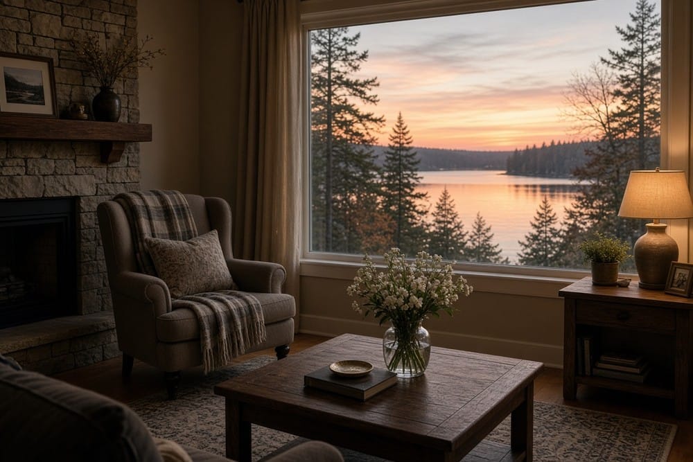 A living room with an armchair beside a stone fireplace and a large window looking out on a lake and pine trees at sunset