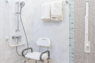 Image of a senior friendly shower with safety features