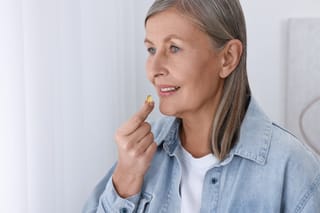 Picture of a senior woman taking a vitamin D supplement