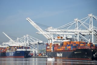 Photo of cargo ships in a California port