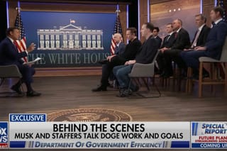 Picture of Bret Beir interviewing Elon Musk and the DOGE team