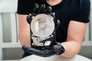 Picture of a computer's hard drive opened up for repairs 