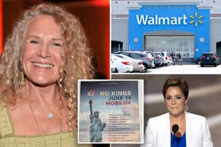 Picture of Christy Walton, No Kings ad, and a Walmart store entrance 