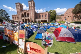 Picture of an encampment on the UCLA campus protesting Israel's war on Hamas in Gaza 
