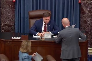 Photo of Vice President J.D. Vance casting a tie breaking vote in the U.S. Senate 