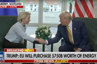 Picture of President Trump and European Commission President Ursula von der Leyen shaking hands.