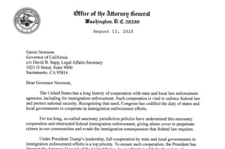 Picture of a letter from Attorney General Pam Bondi to California Governor Newsom