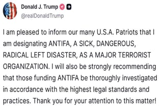 Picture of a Truth Social post by President Trump designating ANTIFA as a terrorist organization