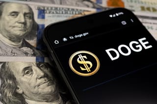 Picture of a smart phone with a DOGE logo and hundred dollars bills in the background