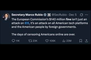 Picture of Secretary Marco Rubio's tweet on X from December 5, 2025