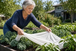 Woman in her sixties drapes a frost cover over garden plants in sunlight.