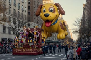 Handlers walk a giant parade balloon down Central Park West past barricades crowded with bundled-up spectators.