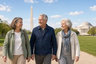 A small group of adults enjoys a sunny walk on the National Mall in Washington, D.C.