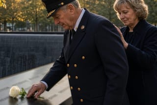 An older couple at the memorial parapet: the man, in dress uniform, traces a name beside a single white rose as she rests a hand on his back.