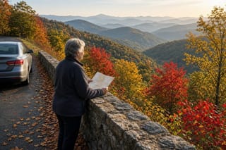 A woman in her sixties holds a paper map at a stone overlook above red and gold Appalachian ridges.