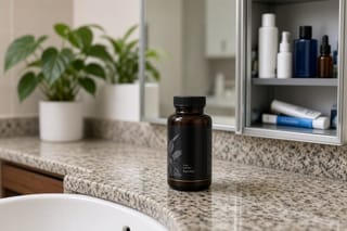 An amber supplement jar with a dark label on a bathroom counter beside an open medicine cabinet
