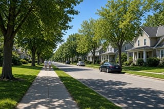 An older couple walks a sunny, tree-lined residential street past porch-front houses, green lawns and parked cars.