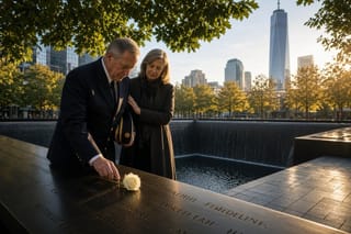 An older firefighter in dress uniform traces a name on the memorial parapet as a woman stands beside him.