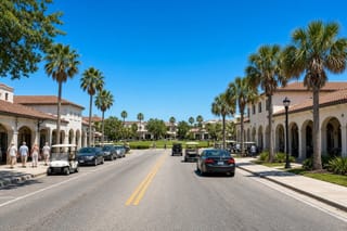 A dark sedan and two golf carts head down a sunny, palm-lined town square street past arched Spanish-style buildings as people stroll.