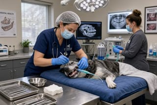 A veterinarian performs an anesthetized dental cleaning on a dog beside a dental X-ray display.