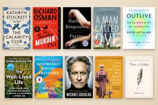 Covers of the 10 books on this reading list, from The Calamity Club, The Thursday Murder Club, and Partita at top left to One Helluva Ride and Theo of Golden at bottom right.