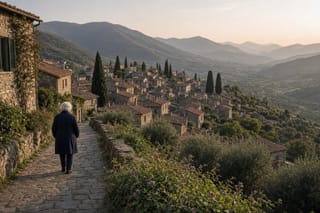 An older person with white hair walks along a stone lane past flowering shrubs, above the tiled roofs of a hillside village, with mountains behind, in low golden light.