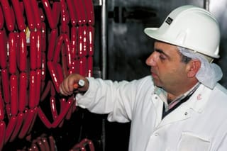 A food safety inspector in a white hard hat checks the temperature of hot dogs hanging in a processing plant