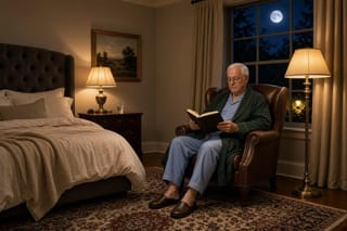 A man in pajamas and a robe reads a book in a leather armchair beside a moonlit window, in a lamplit bedroom in the middle of the night.