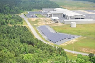Aerial view of a solar array beside the Army Aviation Support Facility at Camp Robinson in North Little Rock, Arkansas