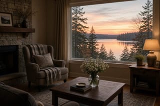 A living room with an armchair beside a stone fireplace and a large window looking out on a lake and pine trees at sunset