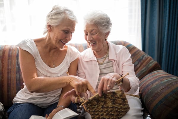 Picture of two cheerful senior women talking about knitting