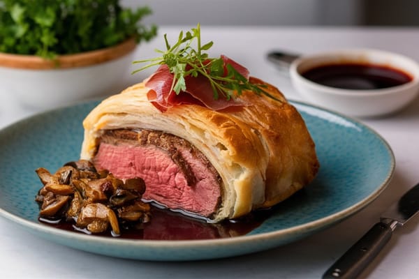 Image of a homemade beef wellington with madeira sauce and mushrooms