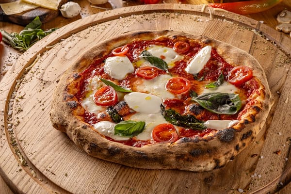 Picture of a Neapolitan pizza freshly baked in a wood fired oven in Naples Italy