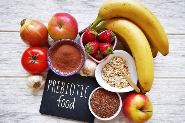 Picture of prebiotic foods including bananas, apples, tomato, onion, garlic, strawberries 