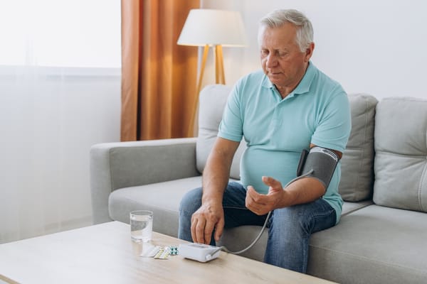 Photo of senior man checking his blood pressure at hom